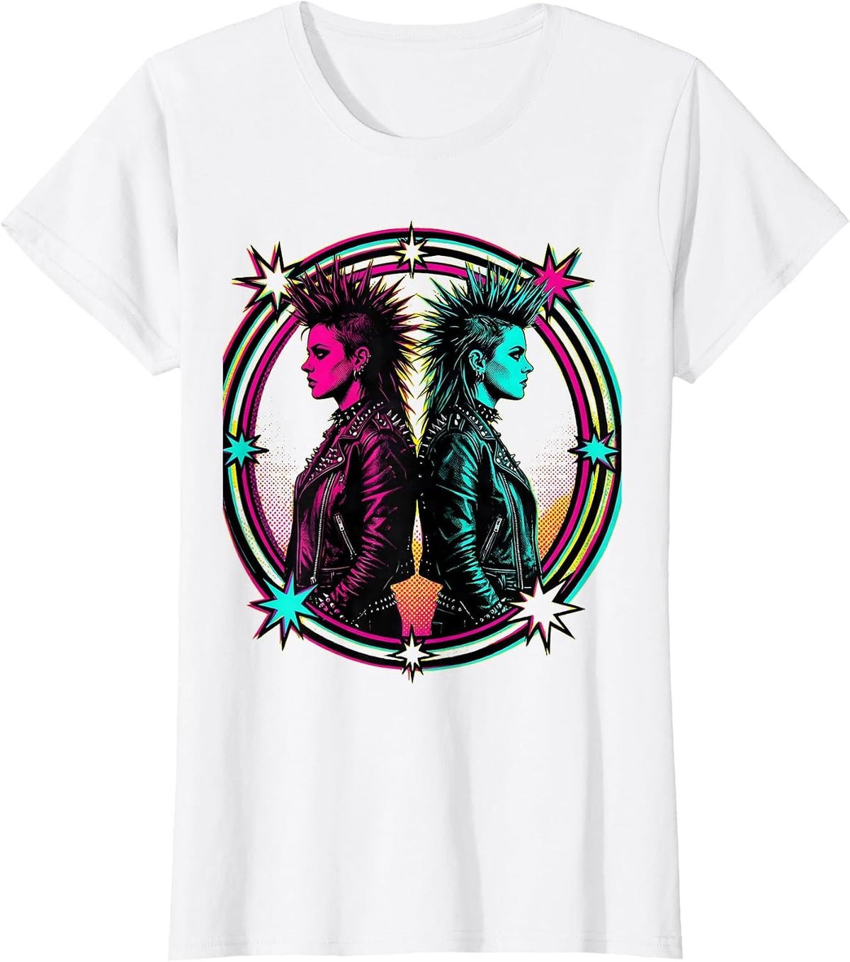 Punk Duo Leather Jacket Back-to-Back Graphic T-Shirt - White