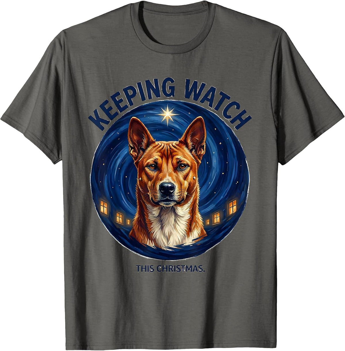 Keeping Watch This Christmas Basenji Van Gogh Starry Night T-Shirt - Asphalt Grey