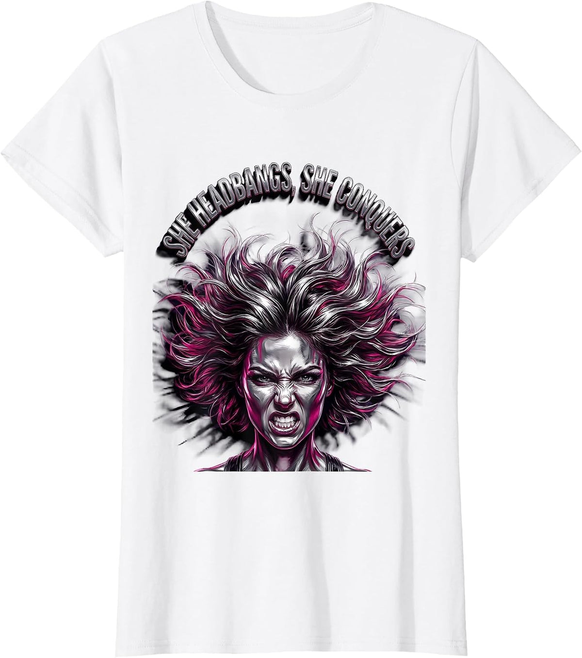 She Headbangs She Conquers Rock N Roll Design T-Shirt - White