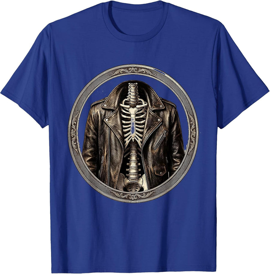 Skeleton in Leather Jacket Back View Graphic T-Shirt - Royal Blue