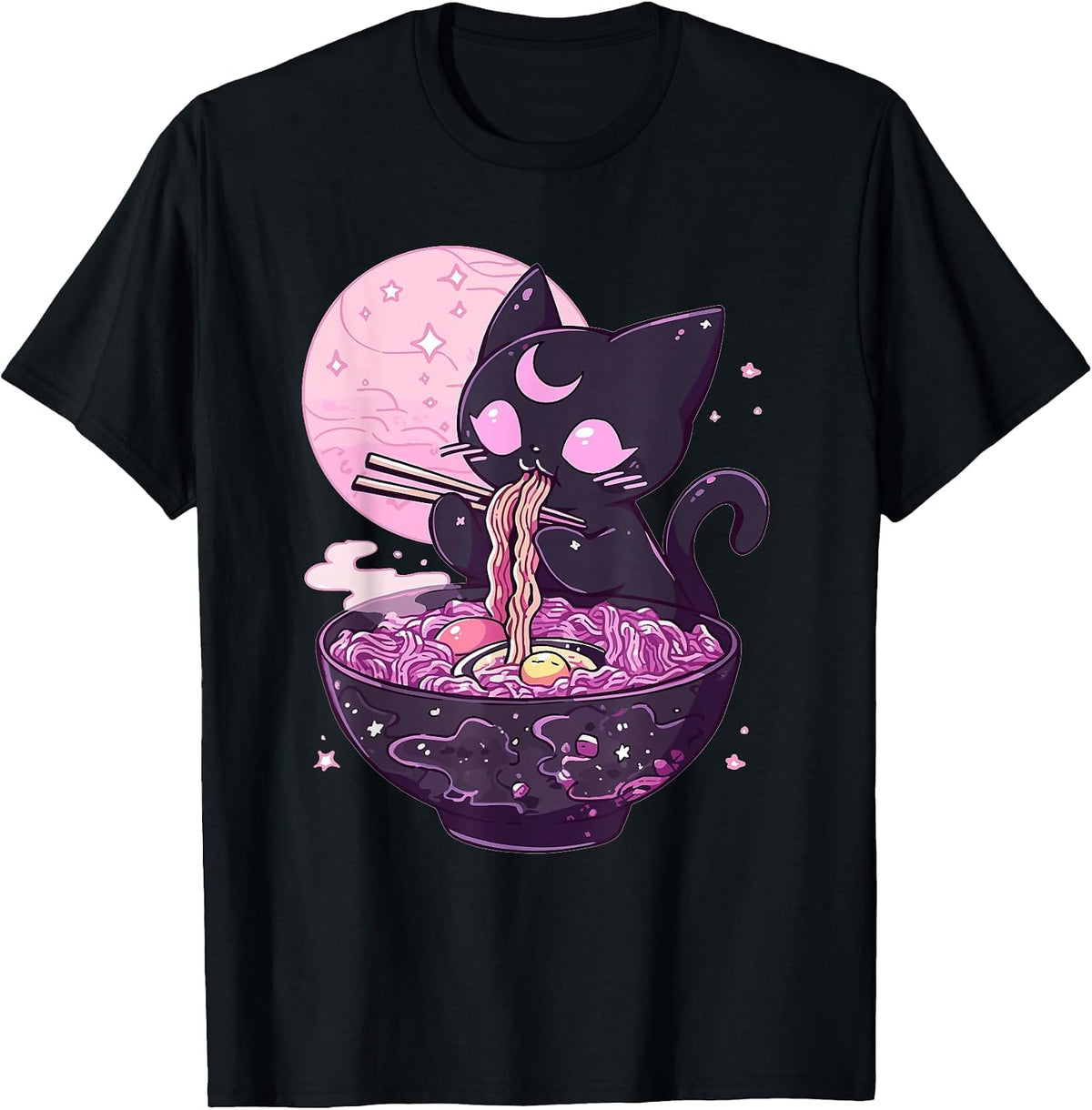 Pastel Goth Aesthetic Kawaii Creepy Cat Eating Ramen Noodles T-Shirt - Black