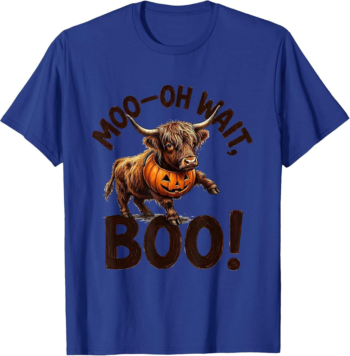 Men's Moo—Oh Wait, Boo! Whimsical Highland Cow Halloween Humor T-Shirt - Royal Blue