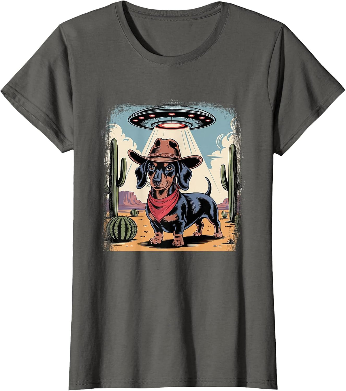 Alien Cowboy Dachshund Funny Wiener Dog UFO T-Shirt - Asphalt Grey