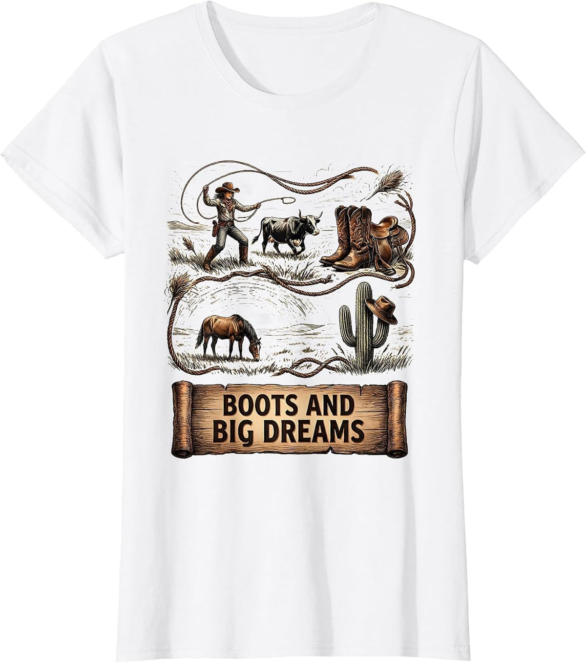 Women's Boots and Big Dreams Cowgirl Graphic Design T-Shirt - White