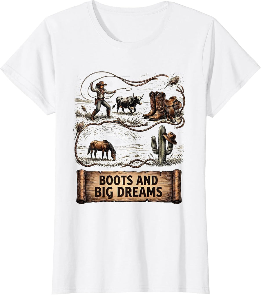 Women's Boots and Big Dreams Cowgirl Graphic Design T-Shirt - White