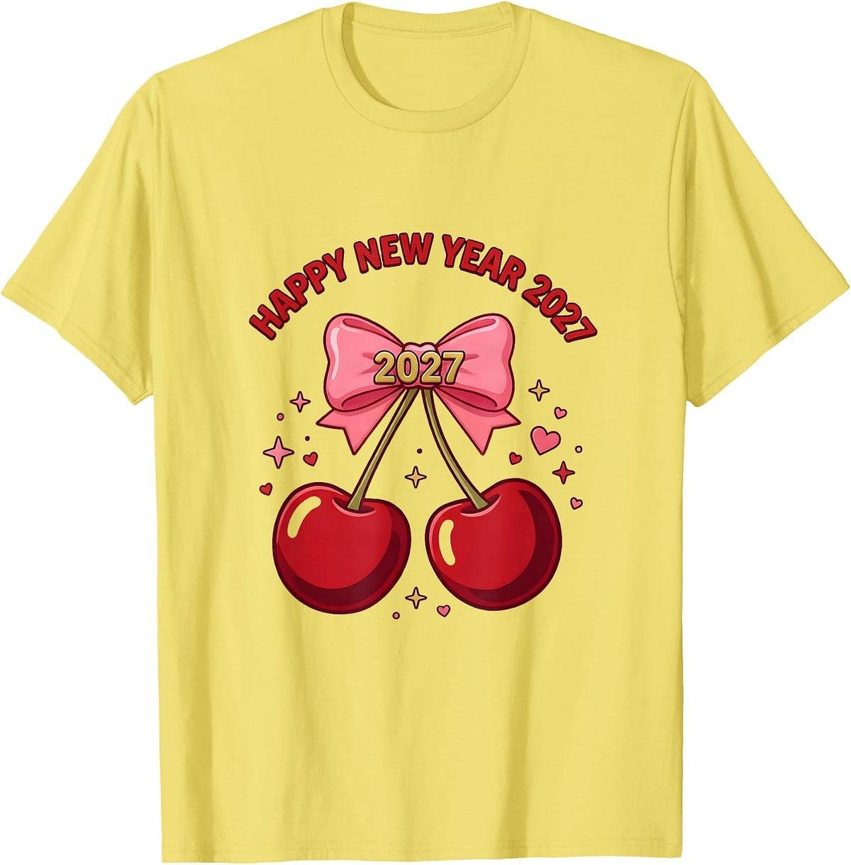 Men's Happy New Year 2027 Cute Cherry Bow Glam Party Top T-Shirt - Lemon Yellow