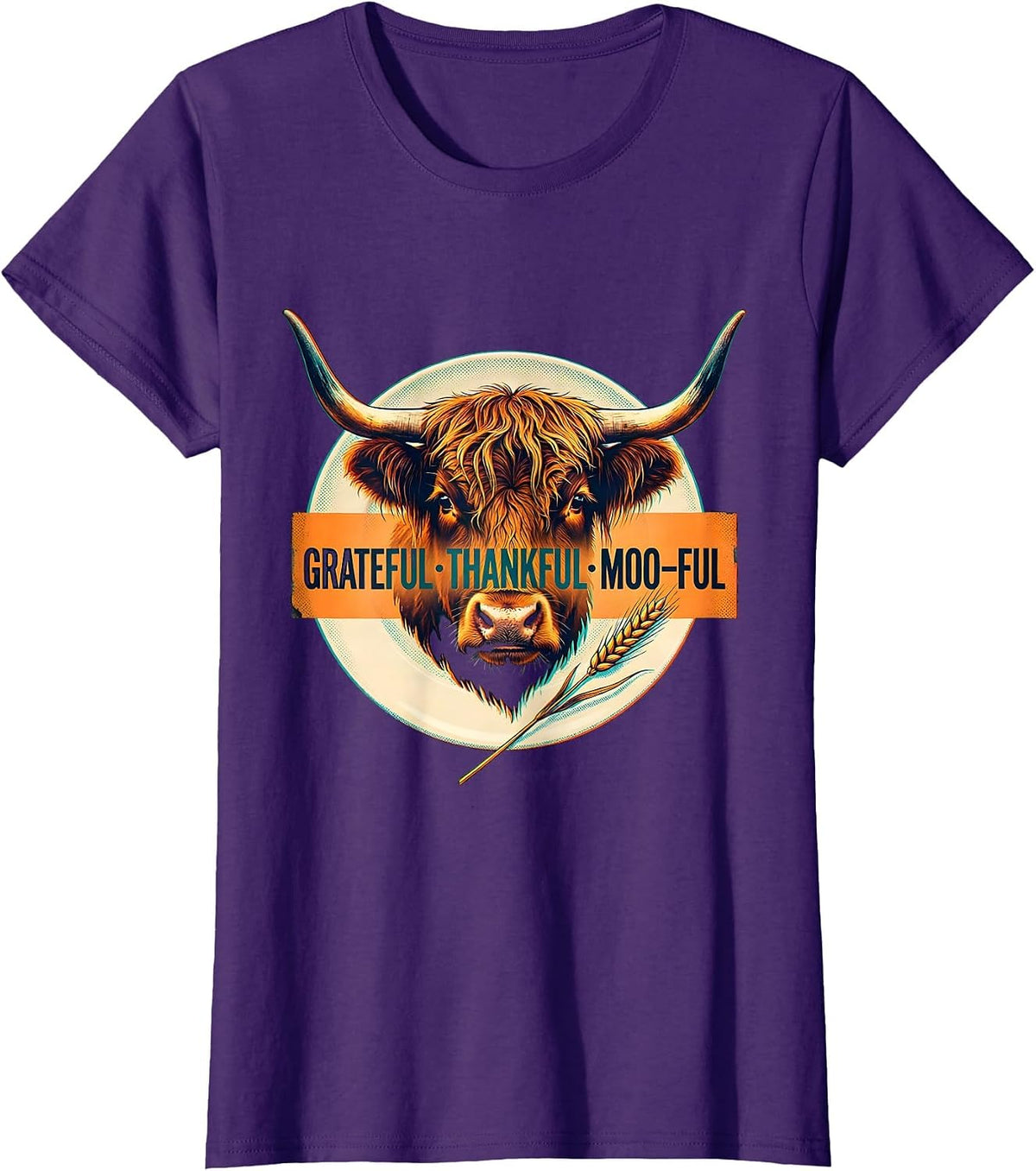 Women's Grateful Thankful Moo-ful Highland Cow Farm Animal T-Shirt - Purple
