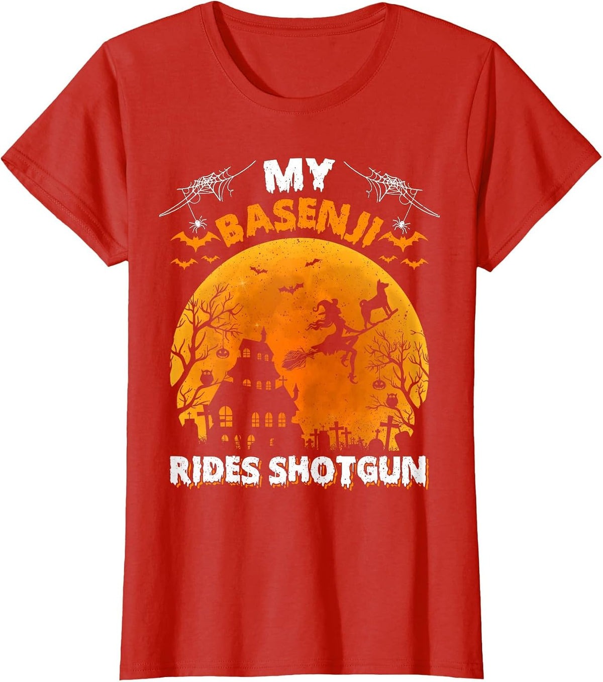 My Basenji Rides Shotgun Basenji Dog Halloween T-Shirt - Red