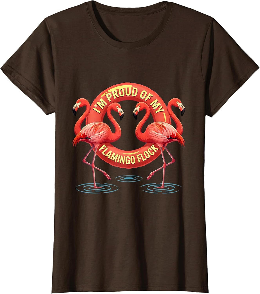 Women's I'm Proud Of My Flamingo Flock Funny Flamingo Tropical Humor T-Shirt - Brown