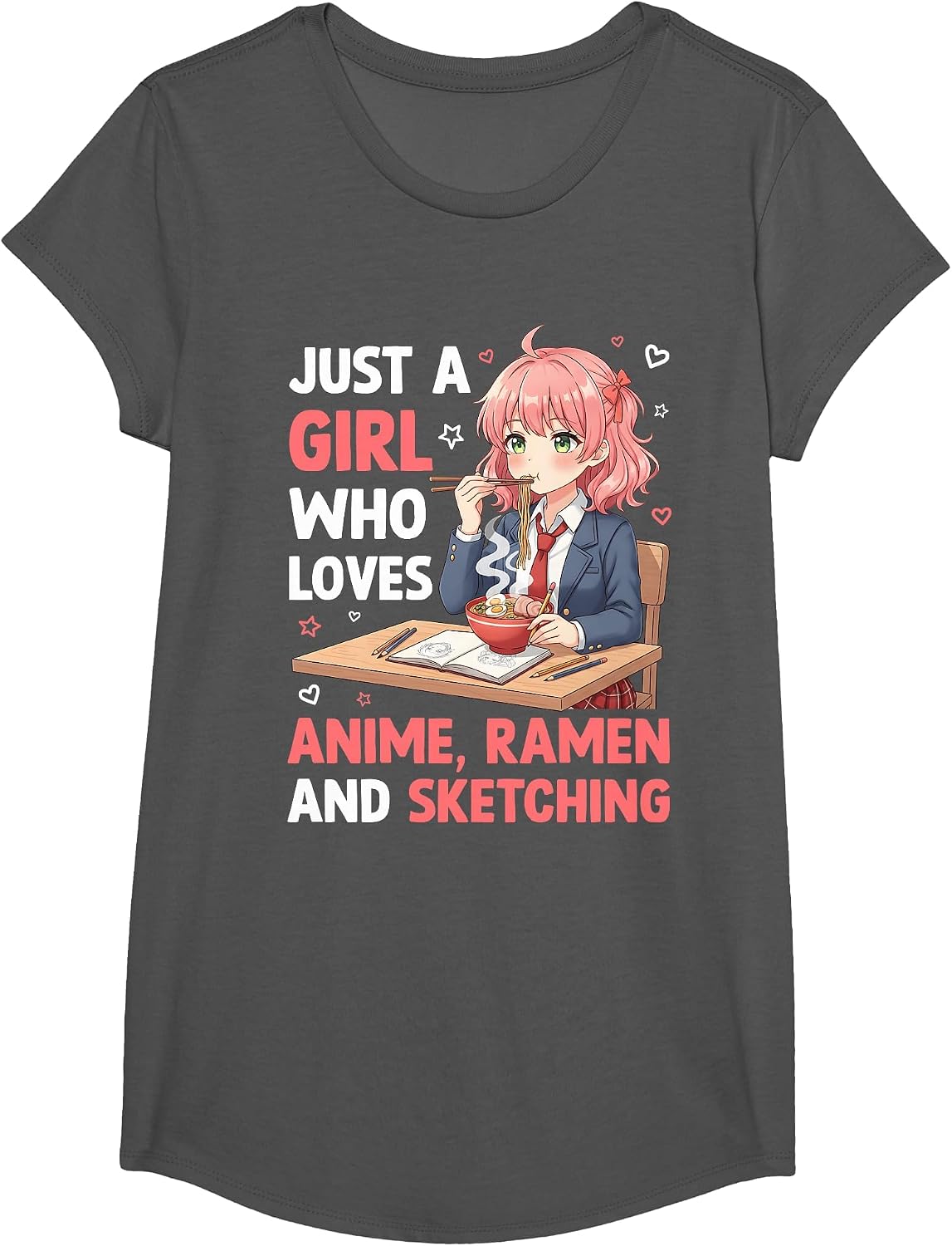 Just A Girl Who Loves Anime Ramen and Sketching Japan Noodle T-Shirt - Girls Asphalt Grey