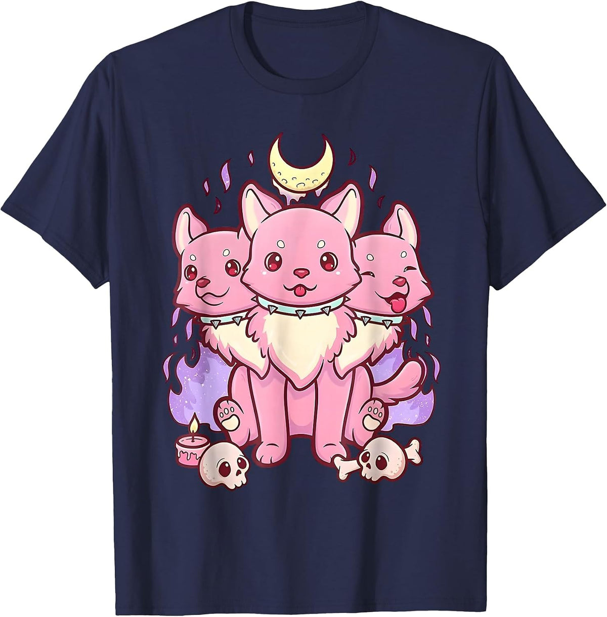 3 Headed Dog Kawaii Pastel Goth Cute Creepy Occult Cerberus T-Shirt - Navy Blue