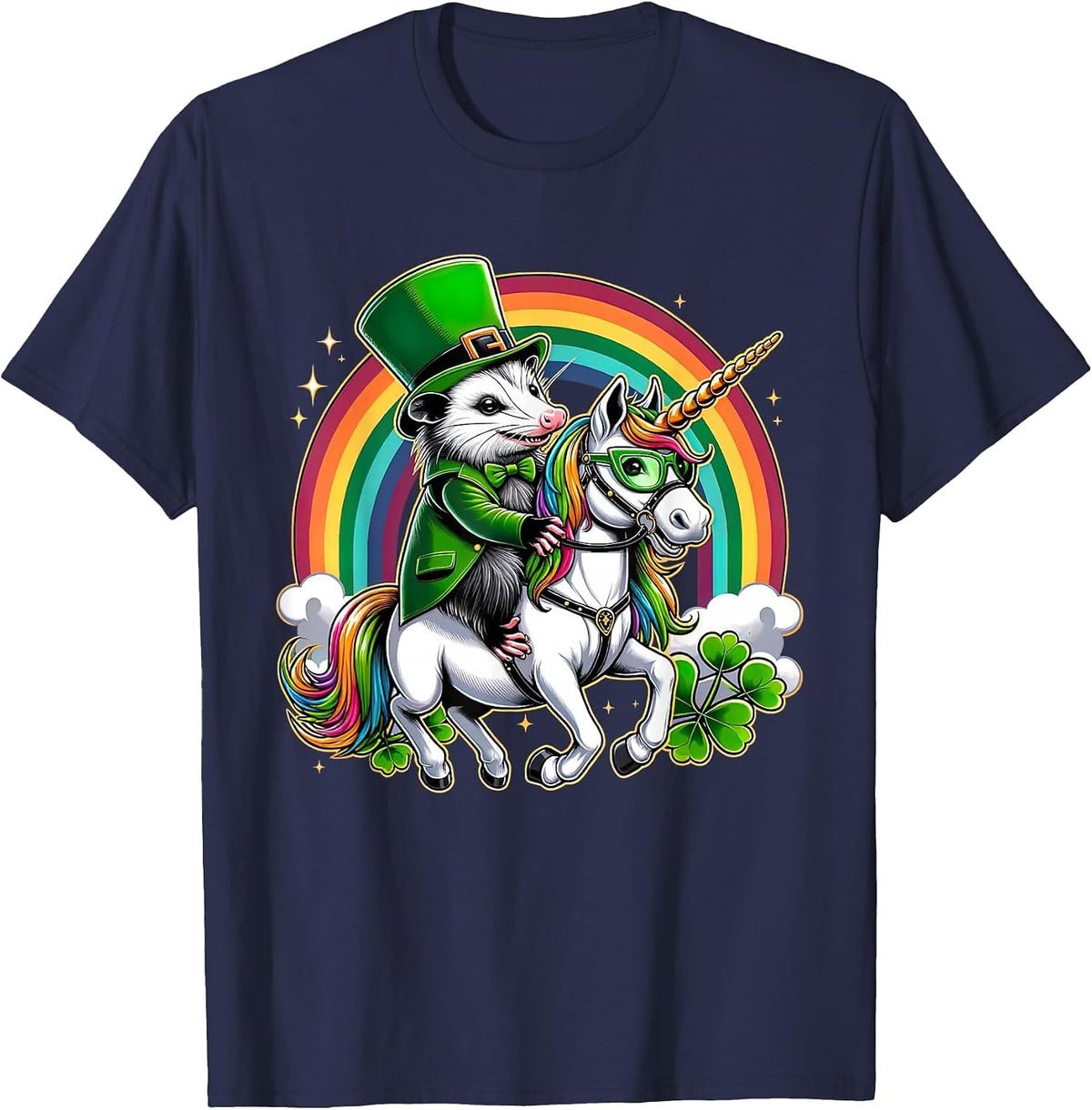 Funny Opossum Leprechaun Riding Unicorn St Patricks Day T-Shirt - Navy Blue