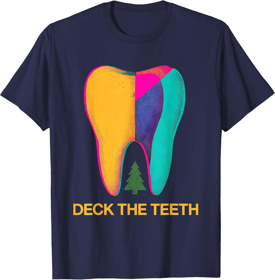 Deck the Teeth Risograph Dental Christmas Humor T-Shirt - Navy Blue
