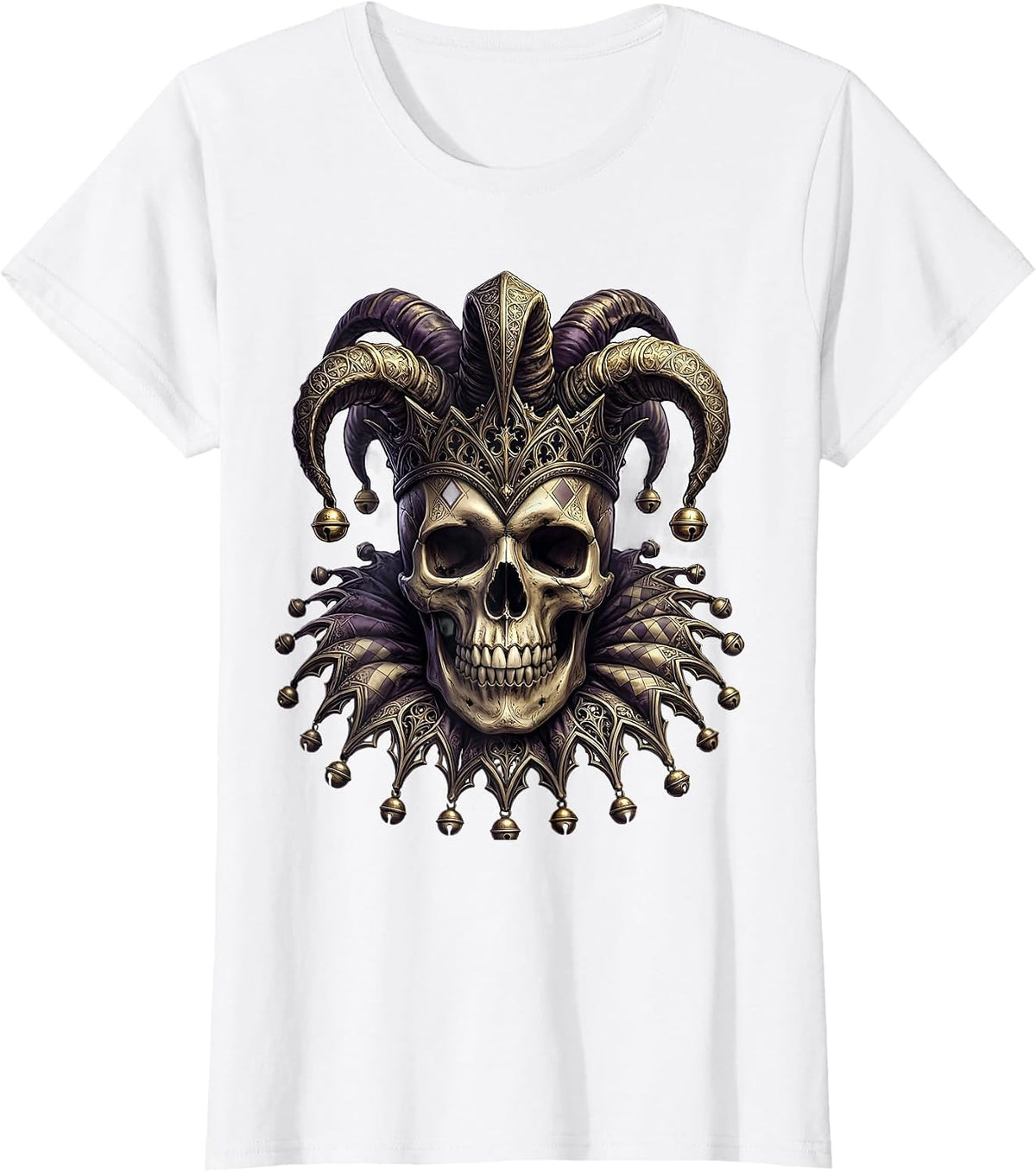 Mardi Gras Jester Skull with Bells Illustration T-Shirt - White