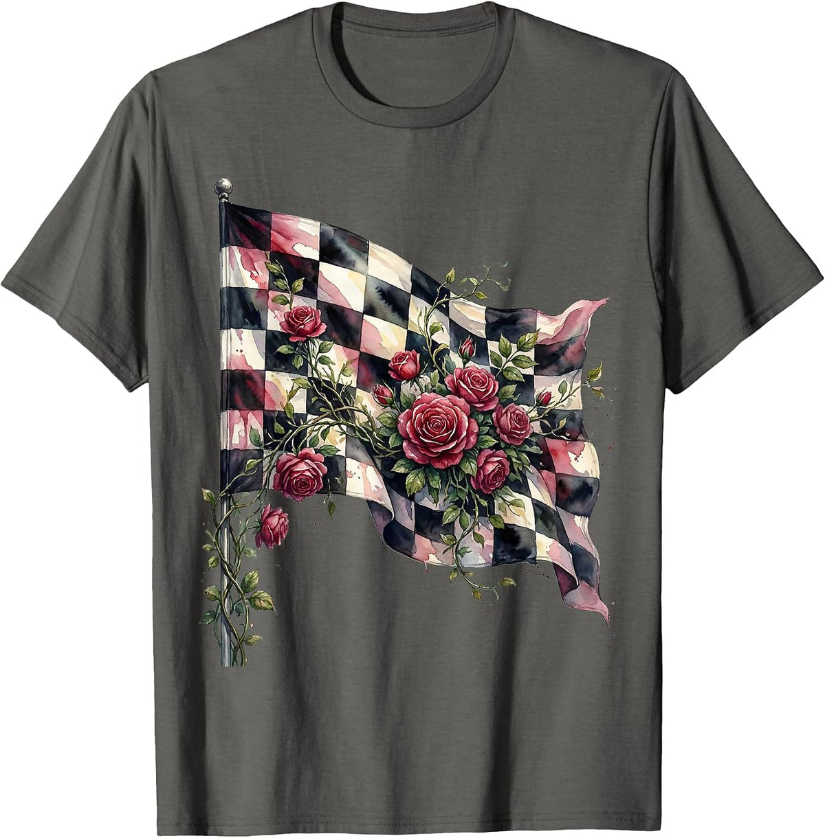 Derby Floral Checkered Flag Climbing Roses Design T-Shirt - Asphalt Grey