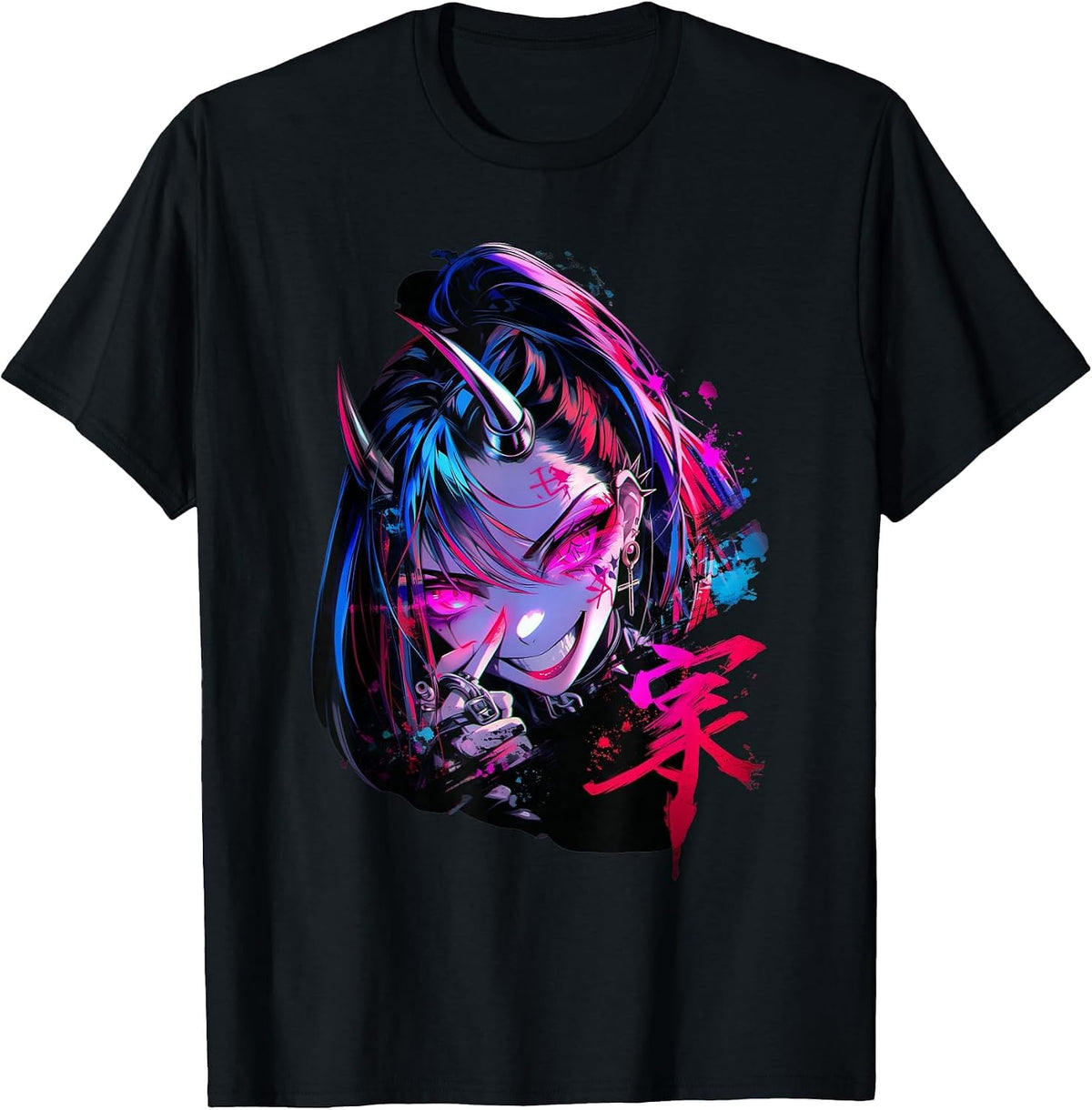 Goth Grunge Demon Anime Girl Waifu Horror Old Aesthetic T-Shirt - Black