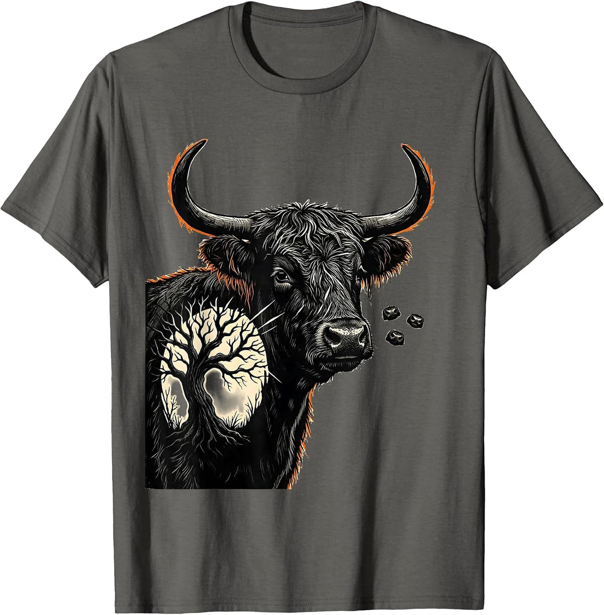 Shaggy Highland Cow Linocut Spooky Halloween Humor T-Shirt - Asphalt Grey