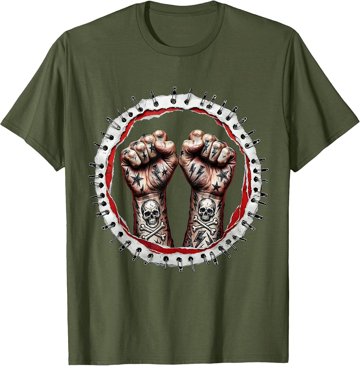 DIY Tattoo Ink Hands Punk Graphic Tee T-Shirt - Olive Green
