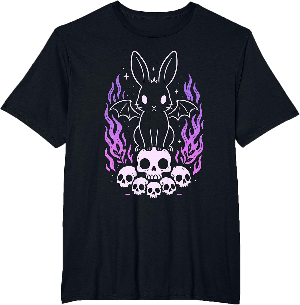 Bunny Skulls Creepy Cute Kawaii Pastel Goth Purple Flame T-Shirt - Black