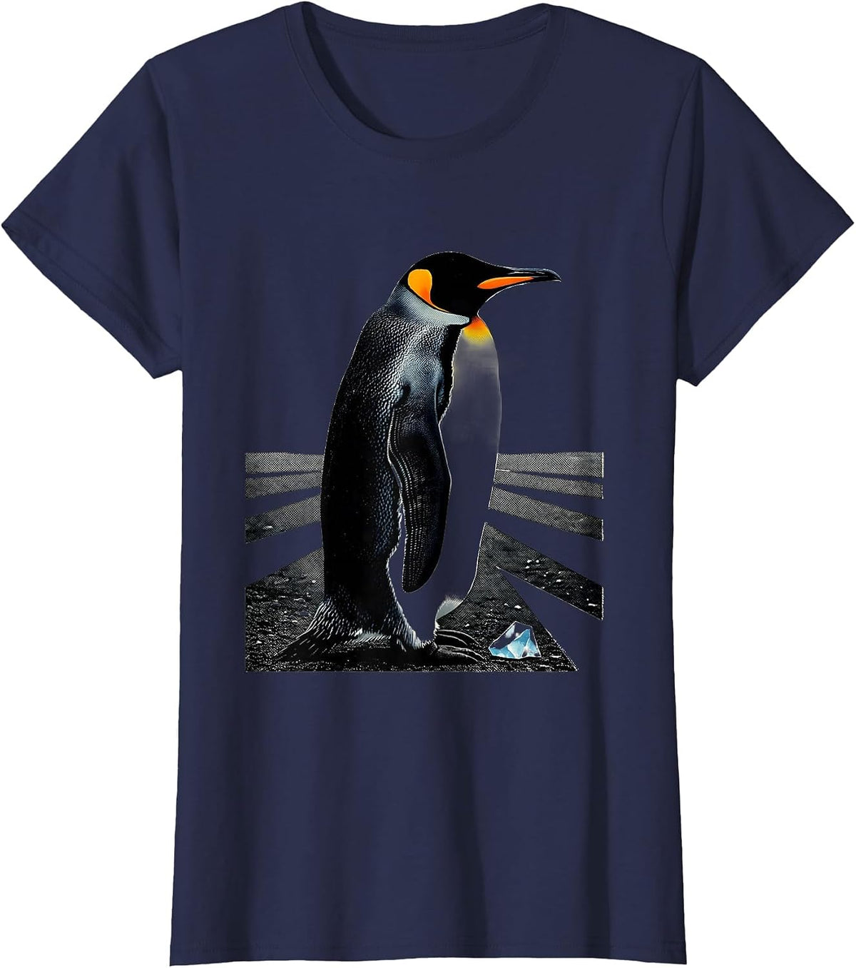 Women's Monumental Penguin Screenprint Poster Animal Lover Humor T-Shirt - Navy Blue