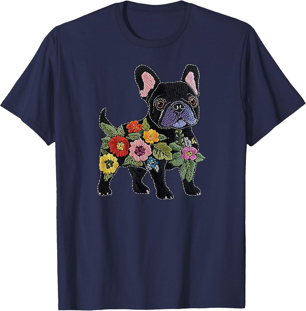 French Bulldog Flower Funny Dog Silhouette Floral Women Men T-Shirt - Navy Blue
