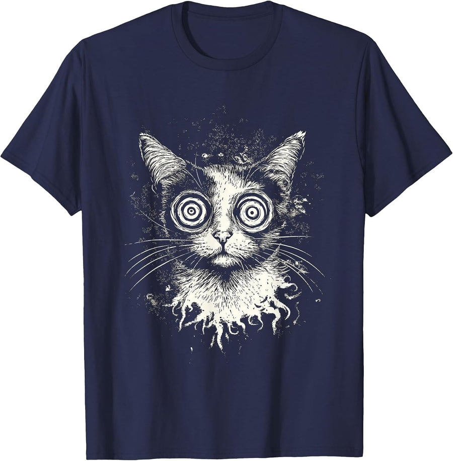 Trippy Cat Weird Kitten in Goth Gothic Grunge Style T-Shirt - Navy Blue