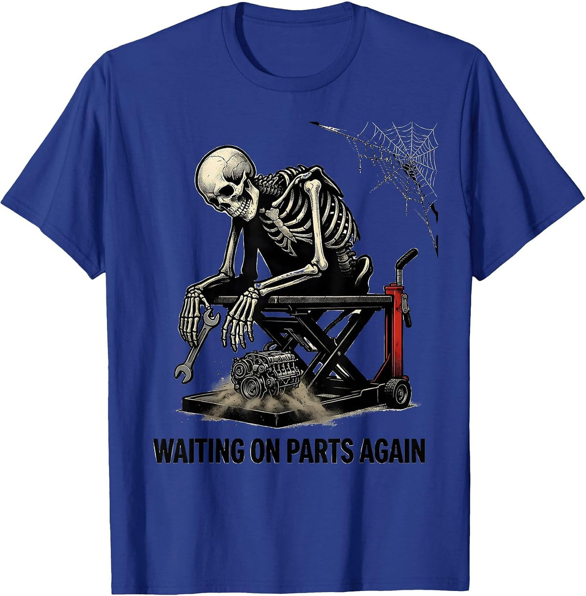 Waiting On Parts Again Funny Mechanic Skeleton Auto Repair T-Shirt - Royal Blue