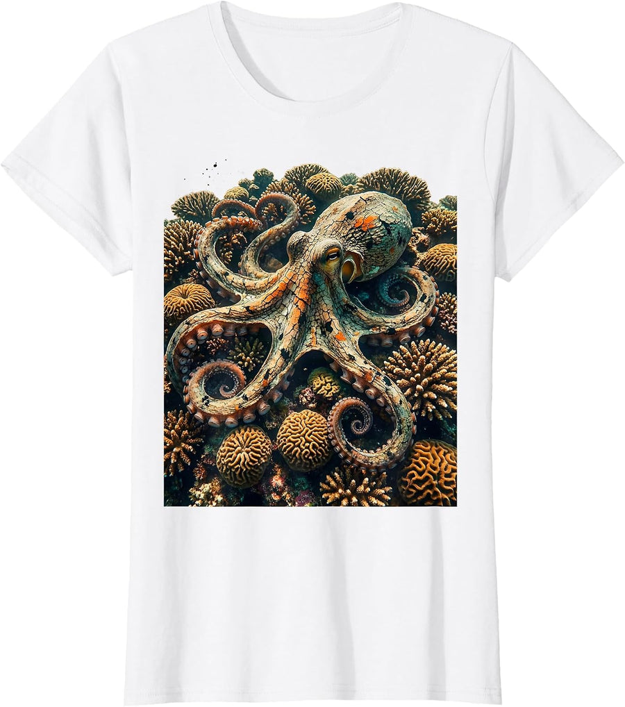 Women's Octopus Hiding in Colorful Coral Hawaiian Design T-Shirt - White
