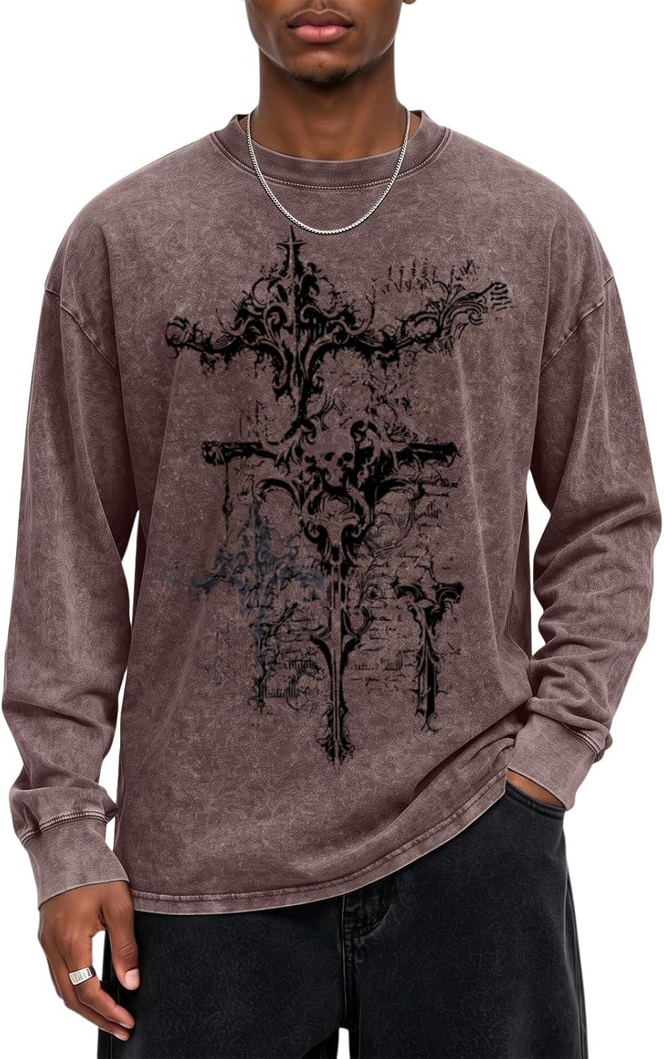 Y2K Goth Skull Long Sleeve Shirts for Men Acid Washed Gothic Shirt - Coffee