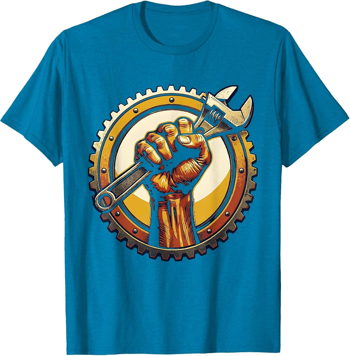 Labor Day Muscular Fist Gripping Wrench Graphic T-Shirt - Sapphire Blue