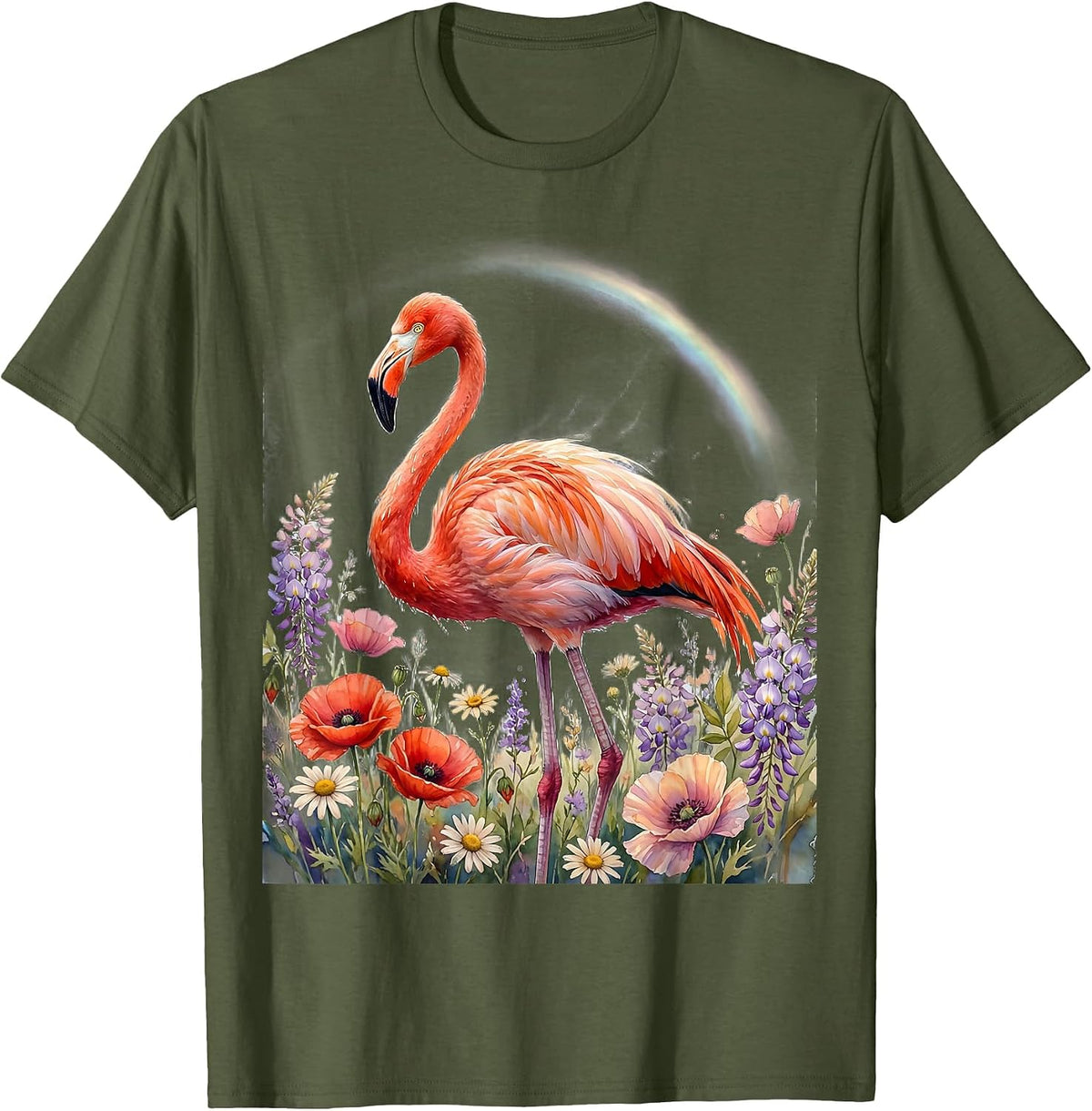 Flamingo in Flower Field Rainbow Arc Graphic T-Shirt - Olive Green