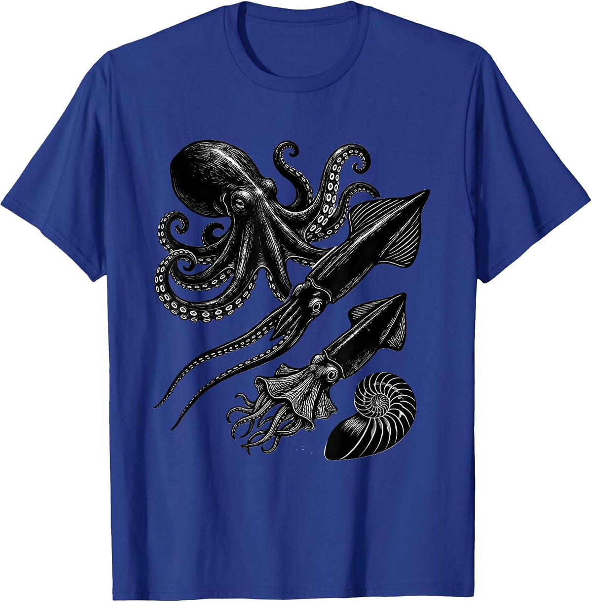 Four Cephalopod Silhouettes Scratchboard Octopus Lover Gift T-Shirt - Royal Blue