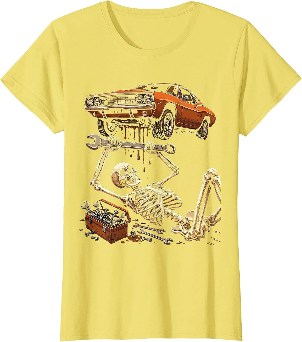 Women's Skeleton Mechanic Under Raised Car Graphic T-Shirt - Lemon Yellow