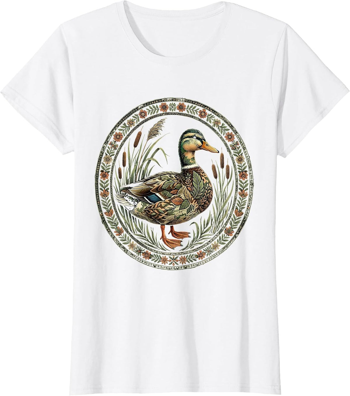 Duck Camo Marsh Reeds Wildlife Illustration T-Shirt - White