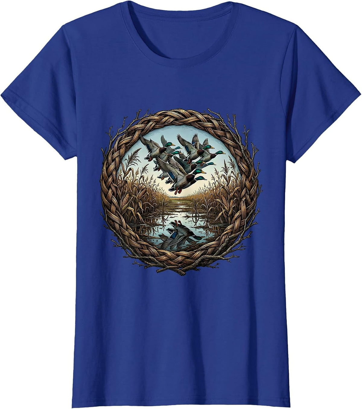 Women's Teal Duck Flooded Cornfield Bottomland Camo T-Shirt - Royal Blue