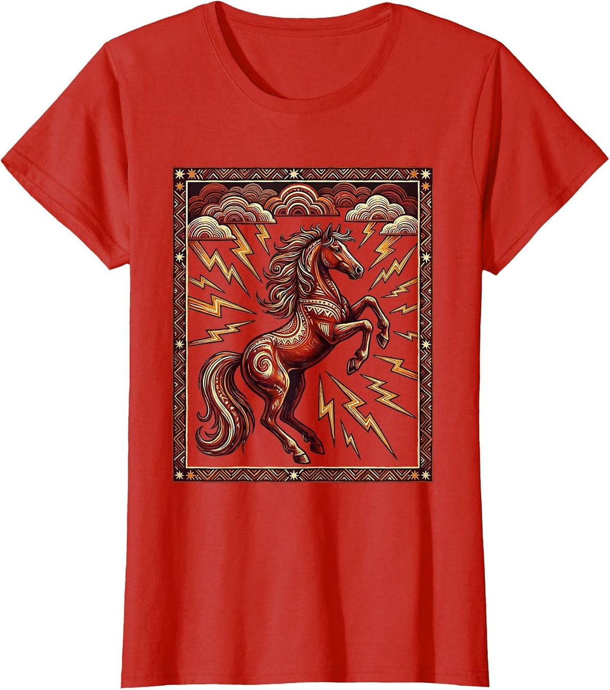 Rearing Horse Lightning Storm Western Graphic T-Shirt - Red