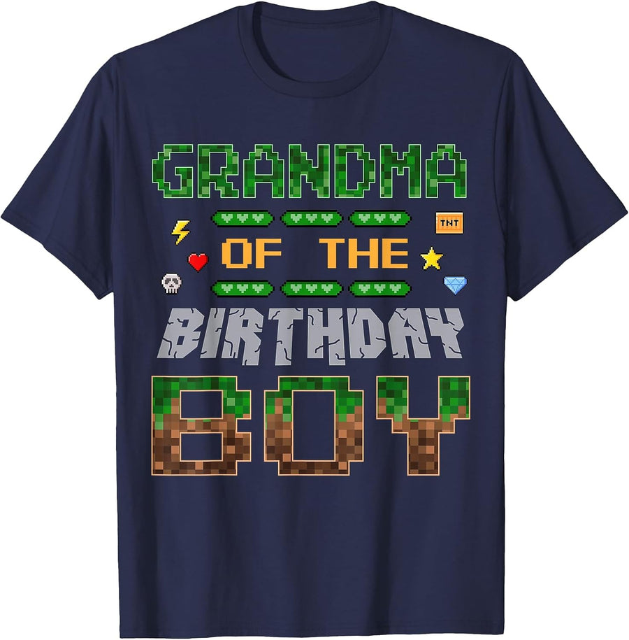 Grandma of the Birthday Boy Pixel Gamer Family Love T-Shirt - Navy Blue