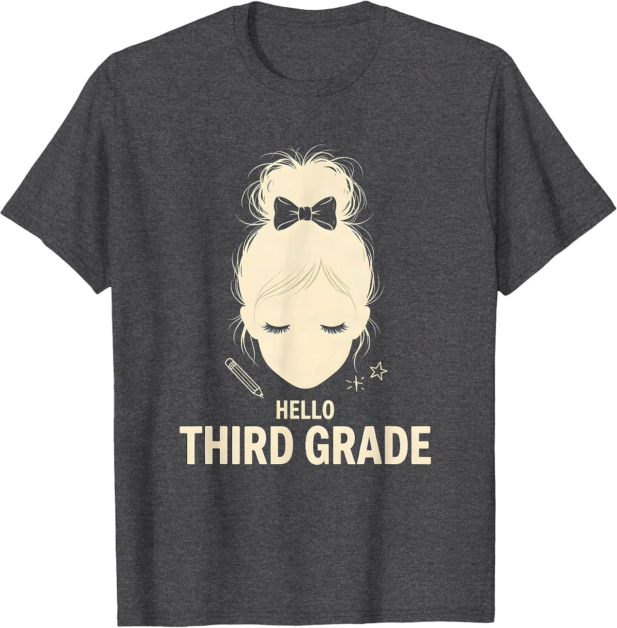 Men's Hello Third Grade Messy Bun Back To School Girls Teacher T-Shirt - Dark Heather Grey