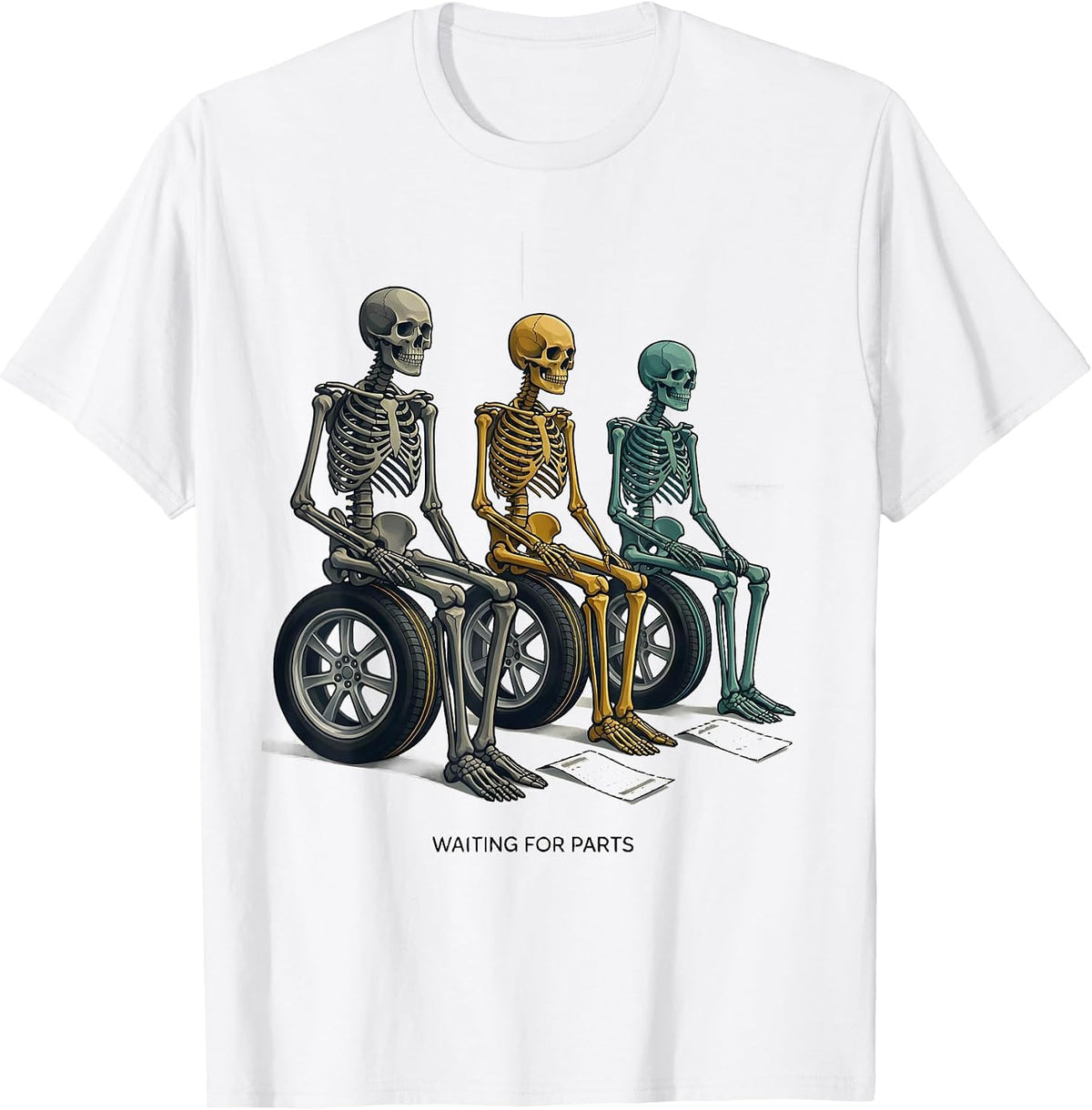 Men's Waiting For Parts Funny Mechanic Skeleton Auto Repair Life T-Shirt - White