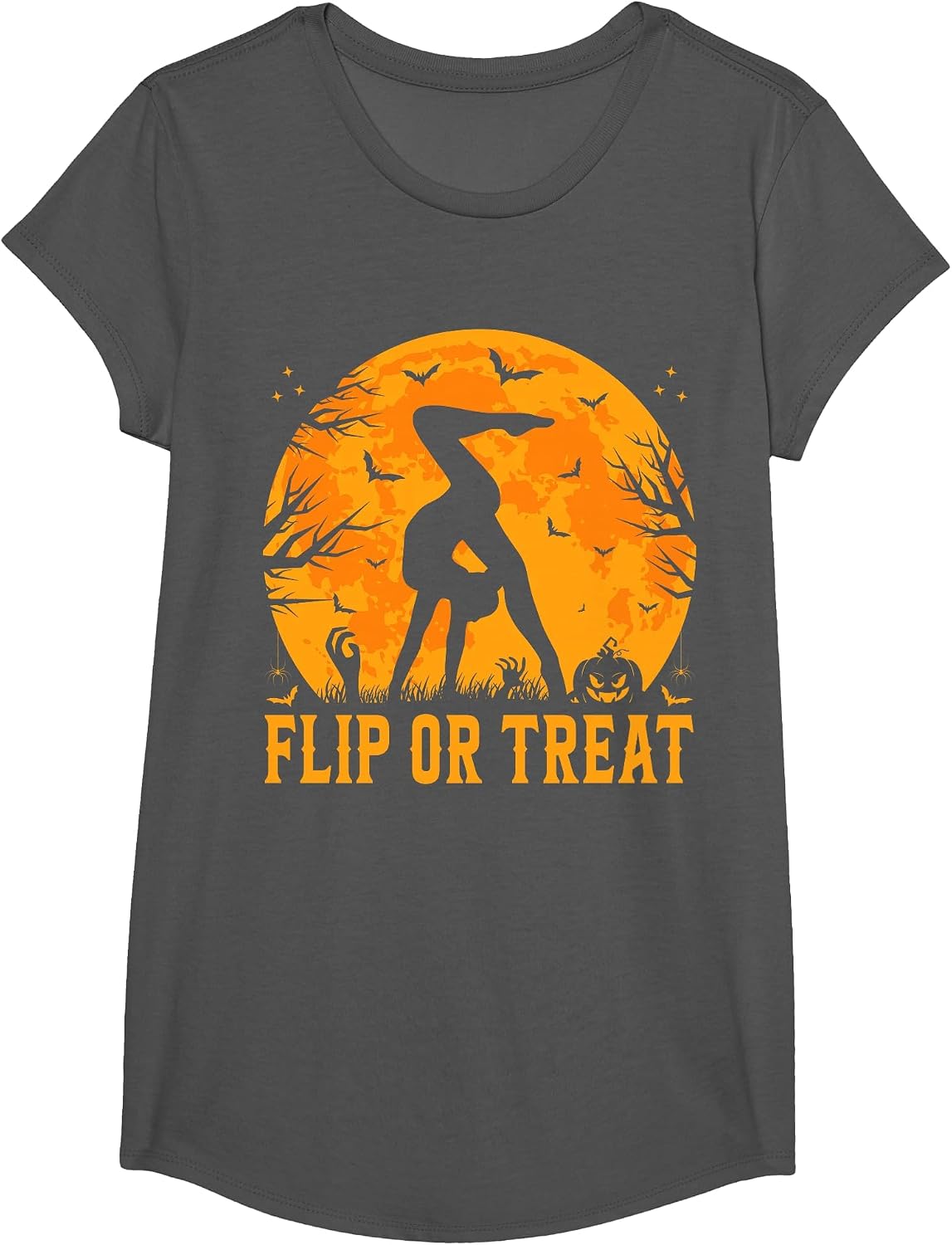 Gymnastics Halloween Flip or Treat Halloween Gymnastics T-Shirt - Girls Asphalt Grey
