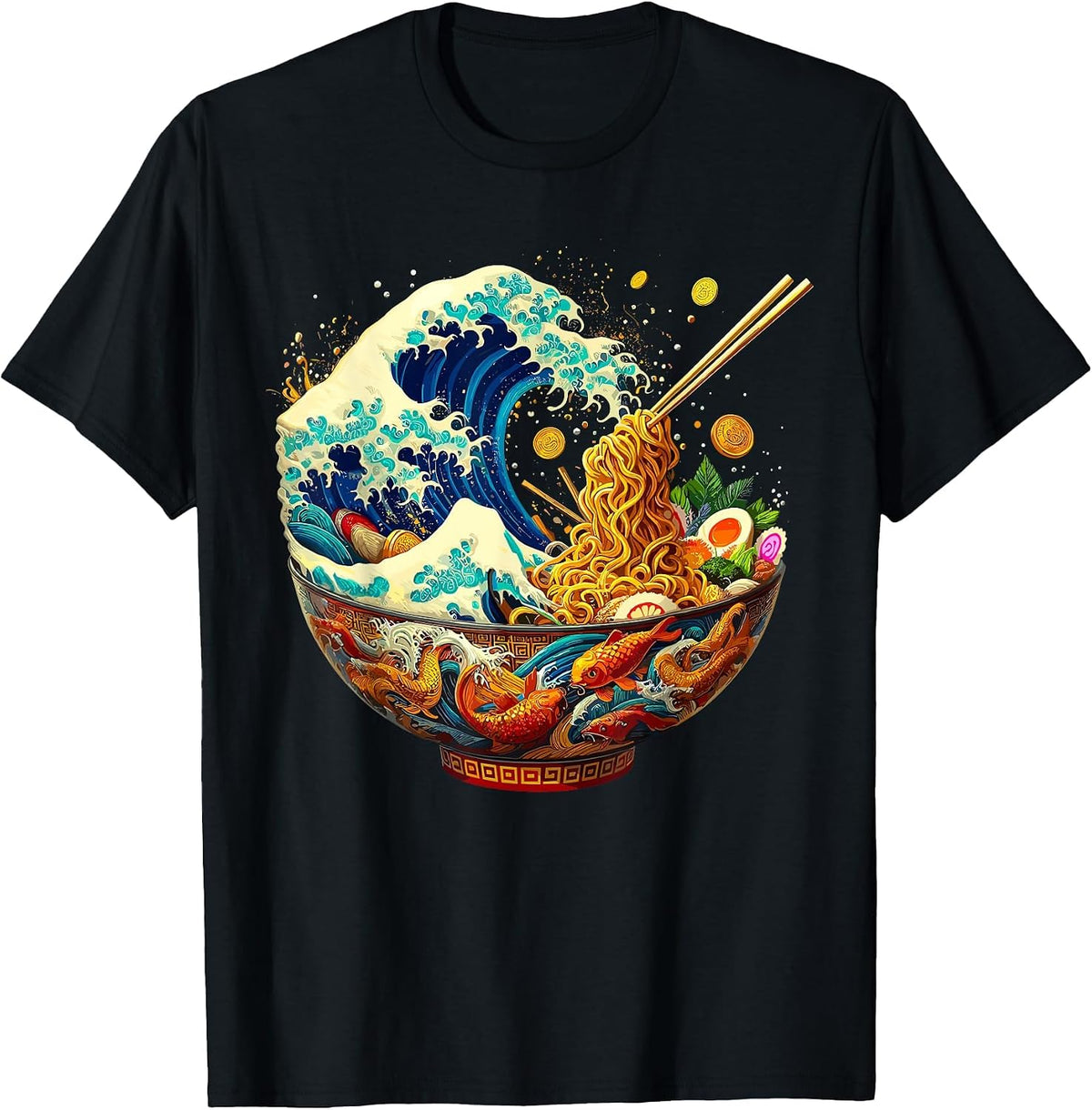 Japanese Kanagawa Wave Ramen Retro Anime Noodles T-Shirt - Black