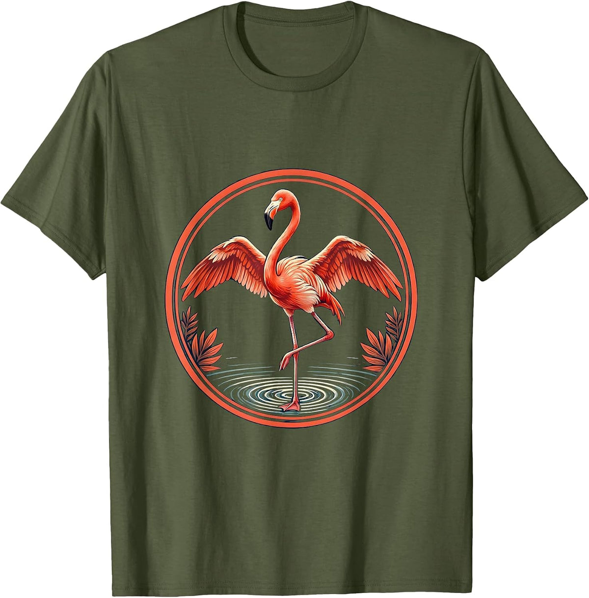 Flamingo Standing in Shallow Pink Water Illustration T-Shirt - Olive Green