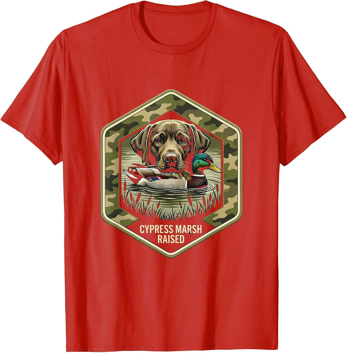 Men's Cypress Marsh Raised Hexagonal Badge Labrador Duck Hunting T-Shirt - Red
