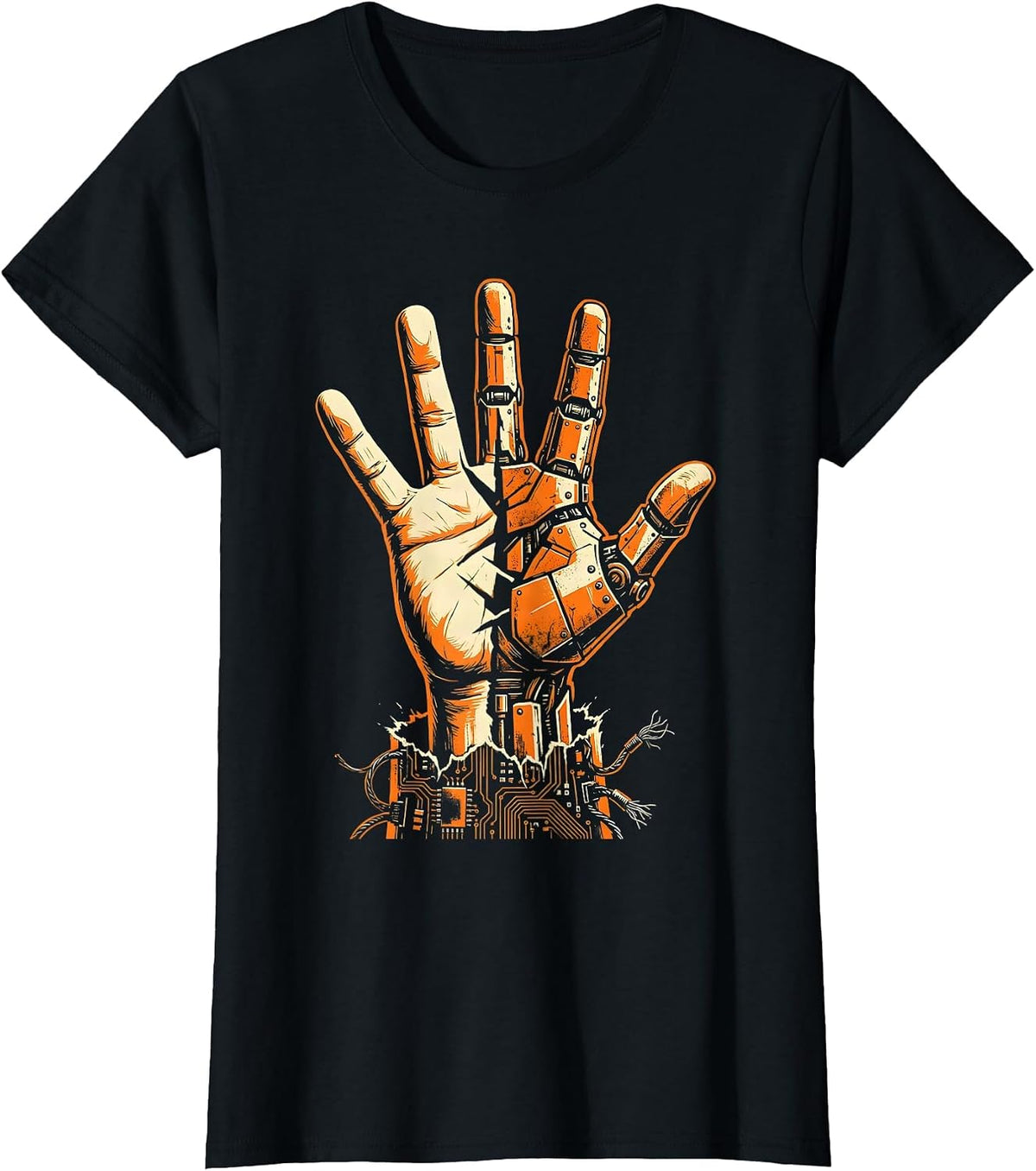 Women's Cyberpunk Half-Machine Hand Reaching Upward T-Shirt - Black