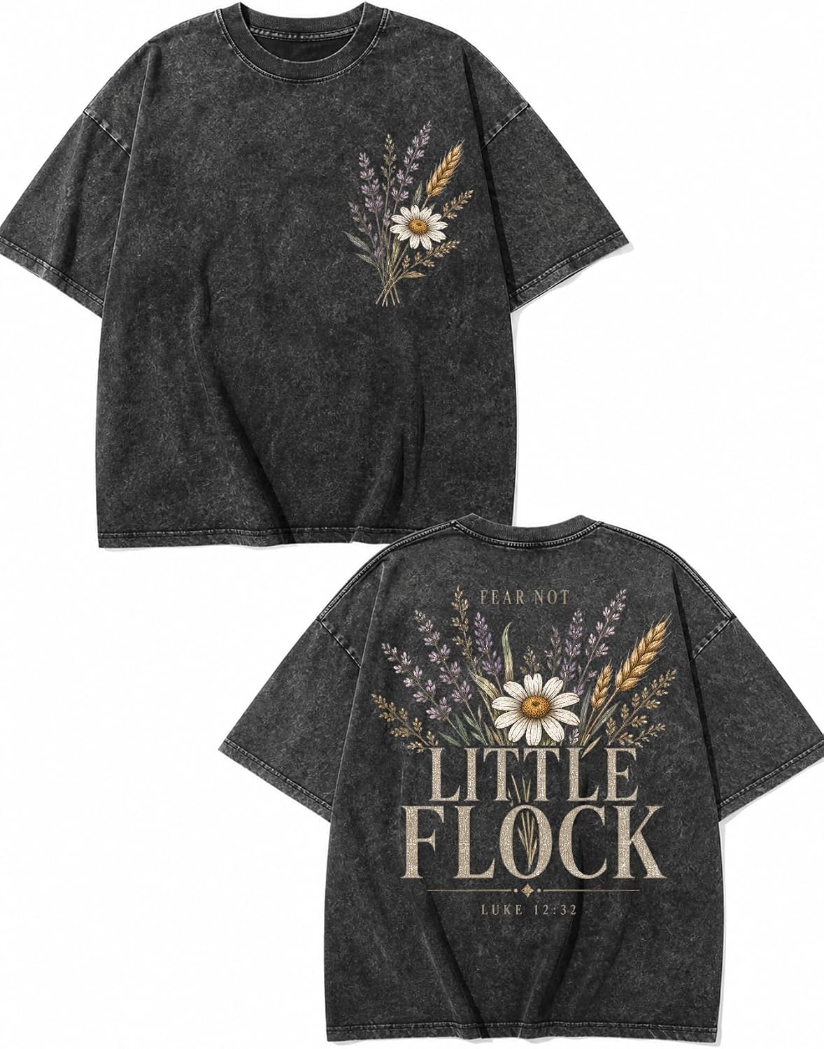 Men Oversized Acid Wash Christian Graphic Tee Faith Floral Soft Tee - Black Bless Soul