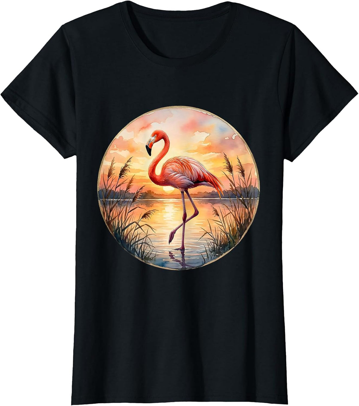 Flamingo Balancing on One Leg at Sunset T-Shirt - Black
