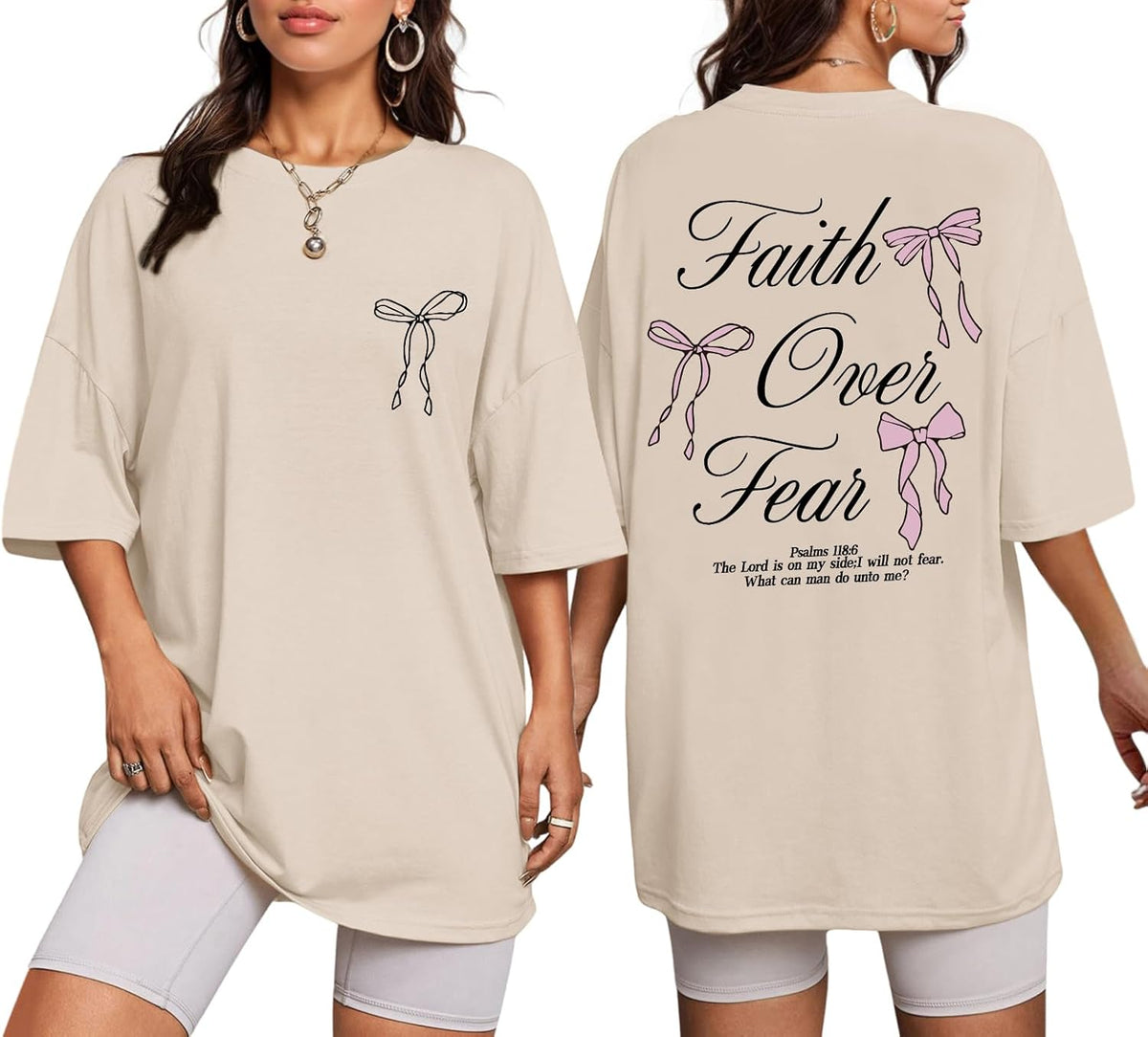 Faith Over Fear Shirt Oversized Christian Cute Bow Shirts for Women Bible Verse Religious Tshirts Coquette Tops - Apricot