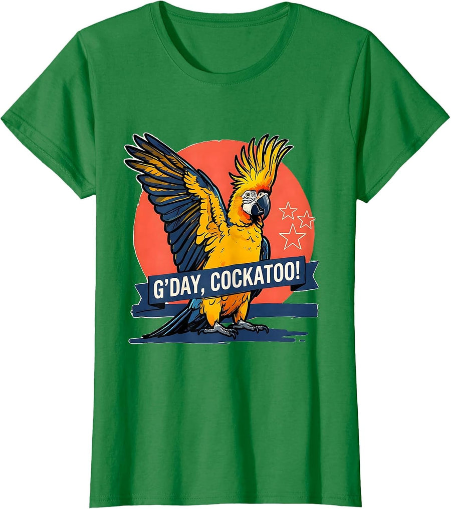Women's G'Day, Cockatoo! Australian Wildlife Souvenir National Pride T-Shirt - Kelly Green