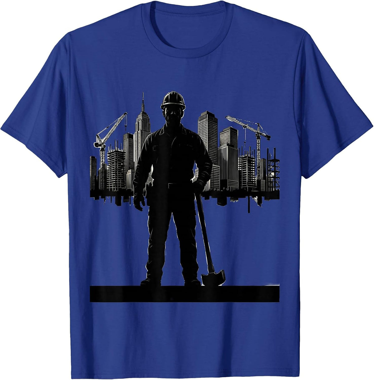 Construction Worker Silhouette City Skyline Graphic T-Shirt - Royal Blue