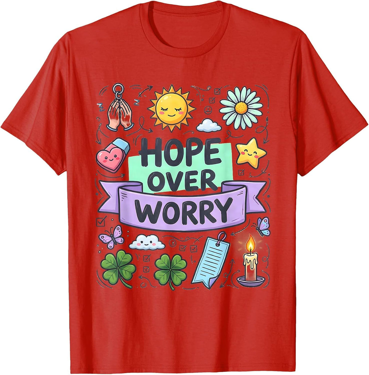 Men's Hope Over Worry Faith Over Fear Inspirational Design T-Shirt - Red